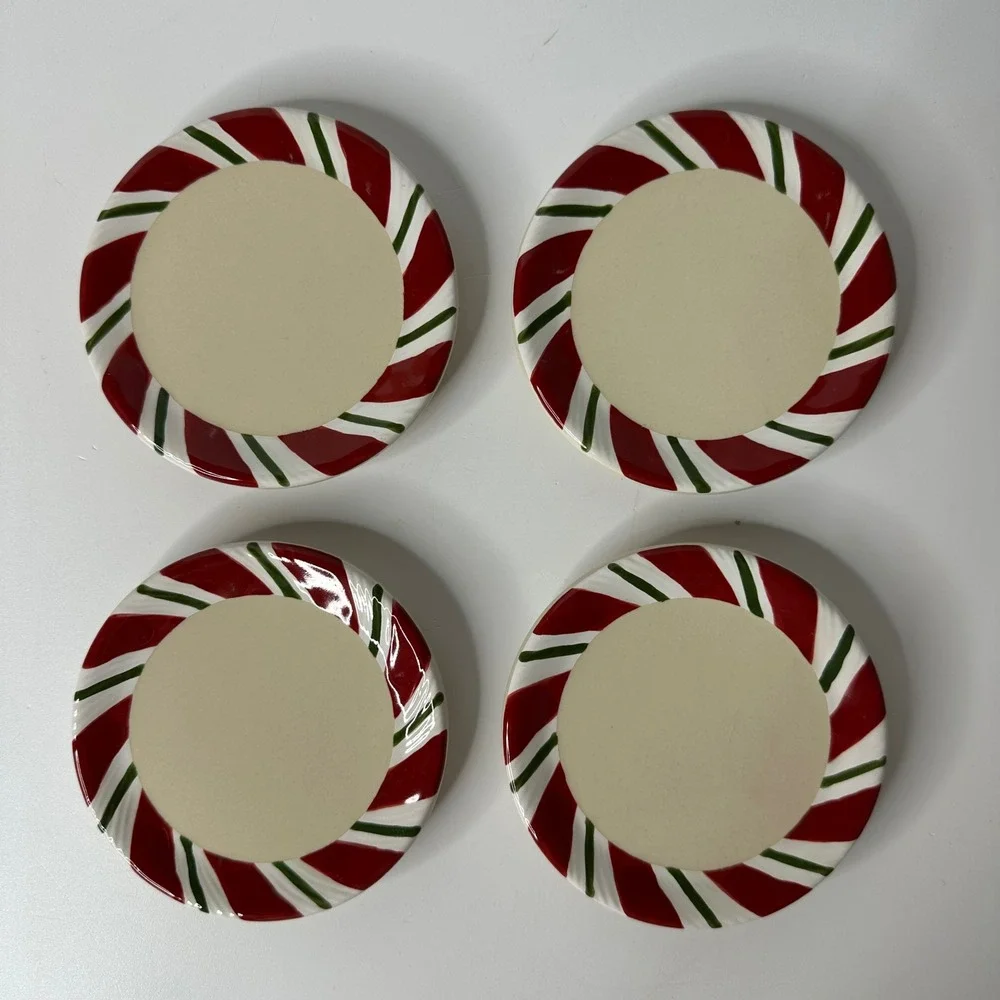 4 Longaberger Peppermint Twist Coasters Appetizer Plates Candle Holder Christmas